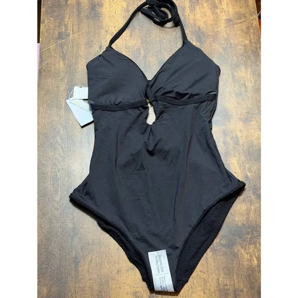 Trina Turk Textured Black Halter One Piece Swimsuit NWT Size 14 Luxe Gold Detail
